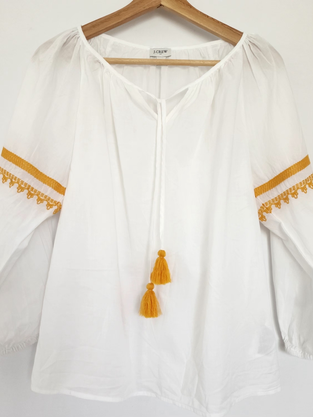 J. Crew White Peasant Blouse with Mustard Trim Size XS Bohemian 100% Cotton
